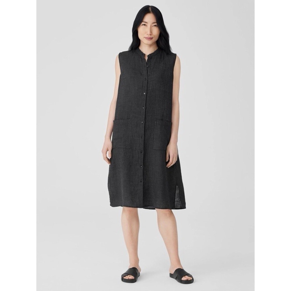Eileen Fisher Puckered Organic Linen Sleeveless Dress S Green Gingham